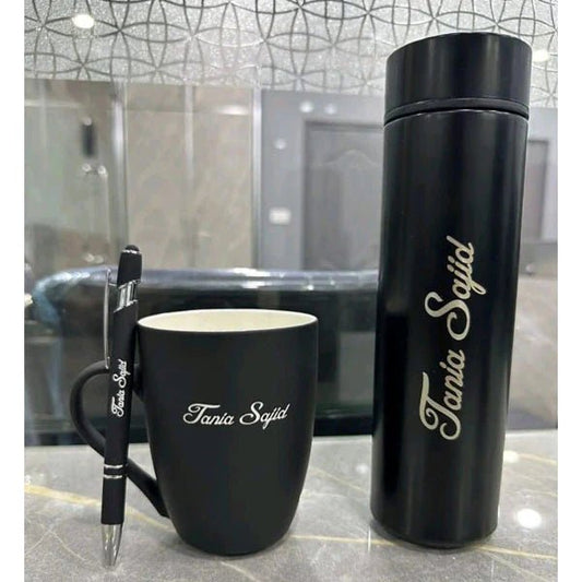 Customized 3 pcs Deal Mat Mug Metal Pen Temperature Display Water Bottle With Laser Name Print - Armaan Collection