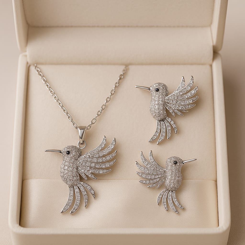 Zircon Locket Set - (Silver) (Bird) - Armaan Collection