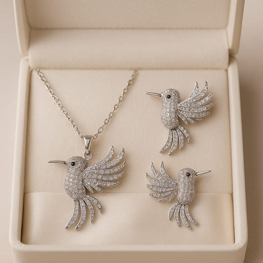 Zircon Locket Set - (Silver) (Bird) - Armaan Collection